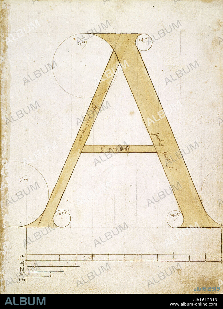 Letter A - Alphabet: Forms and Proportions of Roman Capital Letters,  manuscript,  USA,  Chicago,  Newberry Library.
