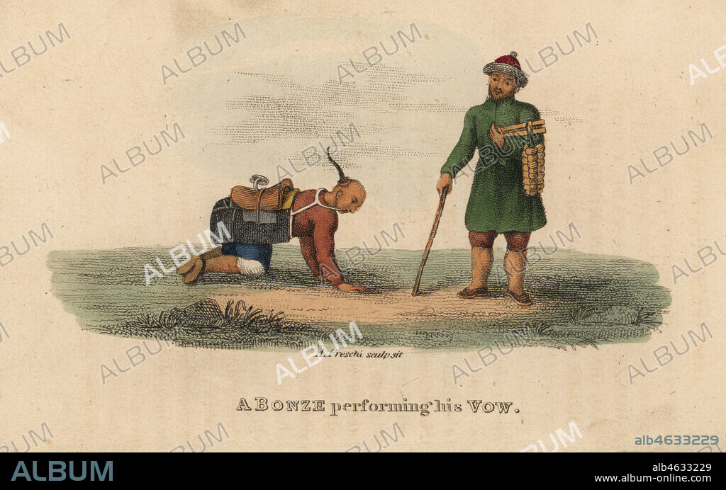 Bonze or Buddhist monk performing a vow to crawl on all fours with a saddle on his back. Handcoloured copperplate engraving by Andrea Freschi after Antoine Cardon from Henri-Leonard-Jean-Baptiste Bertin and Jean Baptiste Joseph Breton's China, Its Costumes, Arts, Manufactures, etc., Howlett and Brimmer, London, 1824.