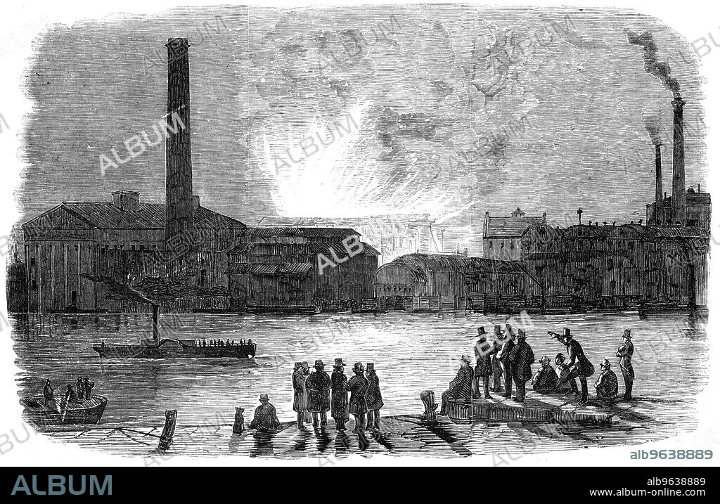 The Fire at the Vauxhall Railway Station, seen from Millbank, 1856. 'The moment the plugs of the Lambeth, Vauxhall, and Southwark Companies' mains were drawn, a sufficient supply of water was obtained to set the engines of Price's candleworks, and Messrs. Burnett and Hodges' distillery to work, as well as that of the West of England office, and many of the London Brigade. The station, however, standing upon the top of the line, and being built of wood, and the wind blowing stiffly off the River Thames, the conflagration continued to extend, and at length attacked the houses on the south side of the property.... Our Artist states the best point of view to have been from opposite Colt's pistol manufactory. Looking over the river the fire had a fine effect. Crowds flocked to some high paling at this point where our Artist took his Sketch'. From "Illustrated London News", 1856.