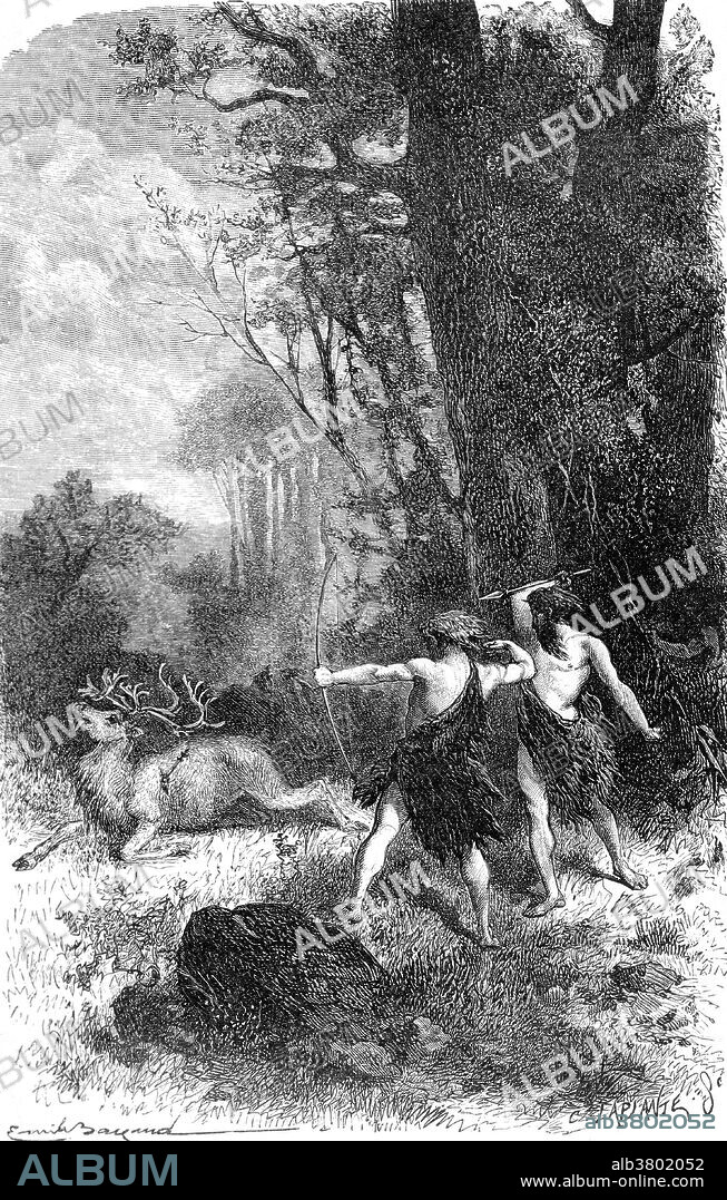Entitled: "The chase during the Reindeer Epoch." Originally termed L'Ã¢ge du renne (the Age of the Reindeer) the Upper Paleolithic is the third and last subdivision of the Paleolithic or Old Stone Age. It dates to between 50,000 and 10,000 years ago, roughly coinciding with the appearance of behavioral modernity and before the advent of agriculture. Settlements were often located in narrow valley bottoms, possibly associated with hunting of passing herds of animals. Some of them may have been occupied year round, though more commonly they appear to have been used seasonally; people moved between the sites to exploit different food sources at different times of the year. Hunting was important, and caribou/wild reindeer may well be the species of single greatest importance in the entire anthropological literature on hunting. Title from "Primitive Man" by Louis Figuier, 1871.