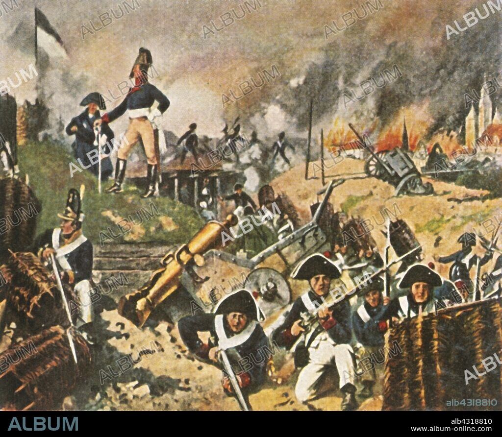 Gneisenau and Nettelbeck on the ramparts of Kolberg, 1807, (1936). 'Gneisenau Und Nettelbeck Auf Den Wällen Des Unbesiegten Kolberg, 1807'. Prussian field marshal August Neidhart, Count of Gneisenau (1760-1831), and Polish lawyer Joachim Nettelbeck (1738-1824) who represented the local populace in the Siege of Kolberg, Prussia, during the War of the Fourth Coalition, part of the Napoleonic Wars. From "Bilder Deutscher Geschichte", (Pictures of German History), No.12, cigarette card album. [Cigaretten-Bilderdienst, Altona-Bahrenfeld, Hamburg, Germany, 1936].
