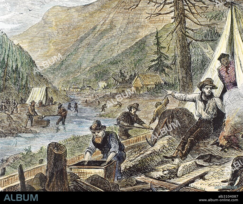 The United States. 19th century. Gold Rush in the California State. Prospectors looking for gold nuggets on the shores of the Californian rivers. Engraving. Colored.