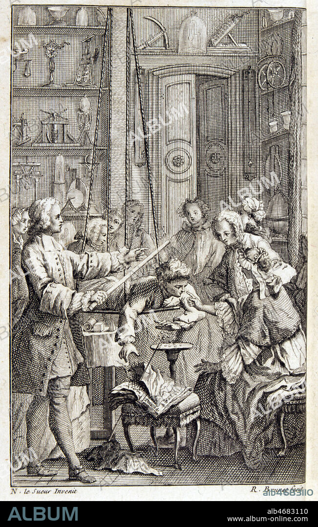 Scene d'experience scientifique. Frontispice de l'ouvrage de l'Abbe NOLLET (1700-1770) 'Essai sur l'electricite des corps...' publie en 1746 (18e, 18eme, XVIIIe s.). Credit : JEAN VIGNE / KHARBINE-TAPABOR.