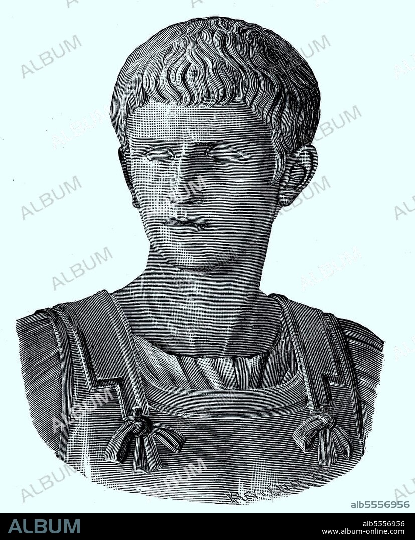 Gaius Cäsar Augustus Germanicus, 31. August 12, 24. Januar 41, bekannt als Caligula, war von 37 bis 41 römischer Kaiser, Bronzebüste im Kapitolinischen Museum, Rom, Italien, digital verbesserte Reproduktion eines Originaldrucks aus dem 19. Jahrhundert.