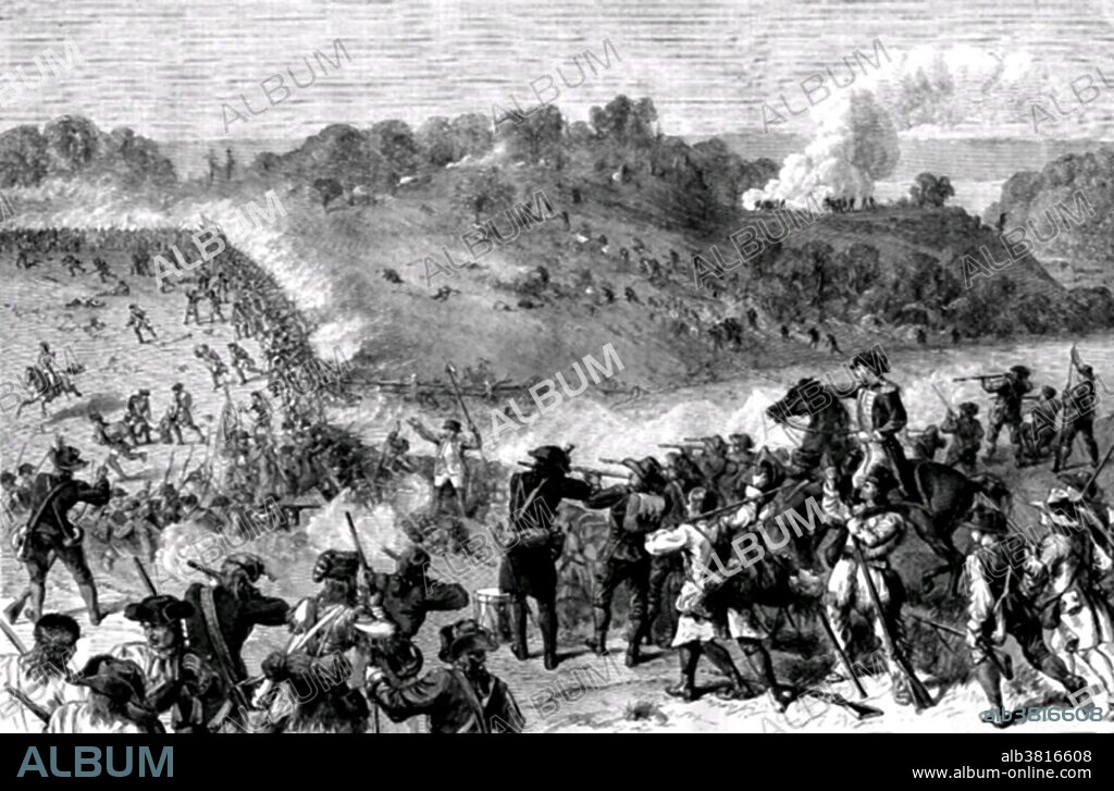 The Battle of Harlem Heights was fought during the New York and New Jersey campaign of the American Revolutionary War on September 16, 1776. The Continental Army, under General George Washington, Major General Nathanael Greene, and Major General Israel Putnam, totaling around 1,800 men, held a series of high ground positions in upper Manhattan against an attacking British Army division totaling around 5,000 men under the command of Major General Alexander Leslie. British troops made a tactical error by having their light infantry buglers sound a fox hunting call, "gone away," while in pursuit. This was intended to insult Washington, himself a keen fox hunter, who learned the sport from his neighbor and mentor near Alexandria, Virginia, the Sixth Lord Fairfax (Thomas Fairfax) during the French and Indian War. "Gone away" means that a fox is in full flight from the hounds on its trail. After flanking the British attackers, the Americans slowly pushed the British back. After the British withdrawal, Washington had his troops end the pursuit. The battle went a long way to restoring the confidence of the Continental Army after suffering several defeats. It was Washington's first battlefield victory of the war. No artist credited, undated.