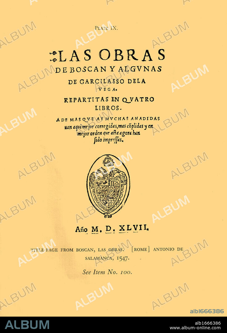Cover of Las Obras by Boscan Juan Boscán Almogáver, (1490 - 1542), Spanish poet, Although he was a Catalan, he wrote exclusively in Spanish. Juan Boscán's most famous works appear in Las obras de Boscán y algunas de Garcilaso de la Vega repartidas en quatro libros (The Works of Boscan and Some of Garcilaso de la Vega Divided in Four Volumes).