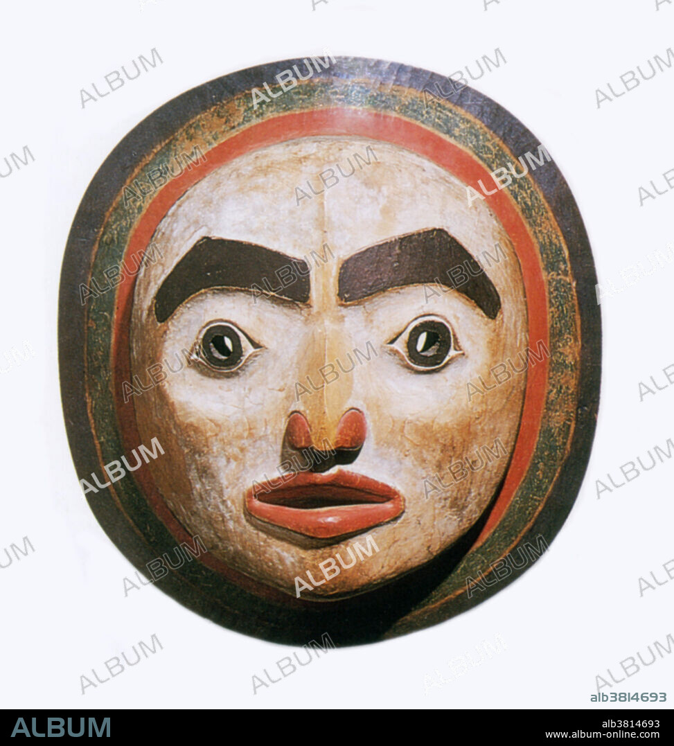 Carved and painted wooden mask representing the Moon, an important element in the mythology of the Native American Haida people. The mask would be used in shamanistic rituals. The Haida are indigenous to the Pacific northwest coast of North America with territories in both Canada and the United States.