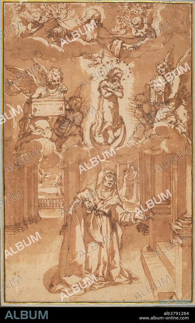 Bartolomeo Cesi / 'Santa Ana y la Inmaculada Concepción'. Hacia 1600. Aguada, Lápiz, Pluma, Tinta parda sobre papel agarbanzado, 385 x 240 mm.
