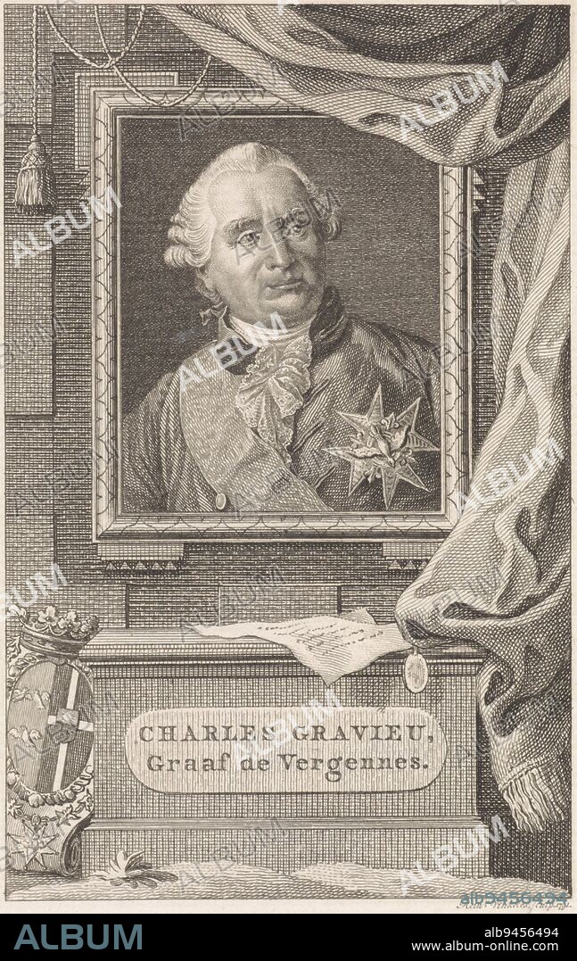 Portrait of Charles Gravier, Count of Vergennes, French statesman and diplomat Below the portrait an inscribed sheet of paper with a seal On the left his coat of arms, Portrait of Charles Gravier, Count of Vergennes, print maker: Reinier Vinkeles (I), (mentioned on object), Amsterdam, 1791, paper, etching, engraving, h 188 mm × w 118 mm.