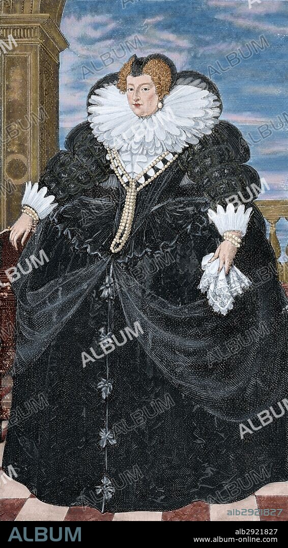 Marie de' Medici (1575-1642). Queen of France as the second wife of King Henry IV of France, of the House of Bourbon. Portrait. Engaving from a painting of F. Porbus at "Historia Universal", 1885. Colored.