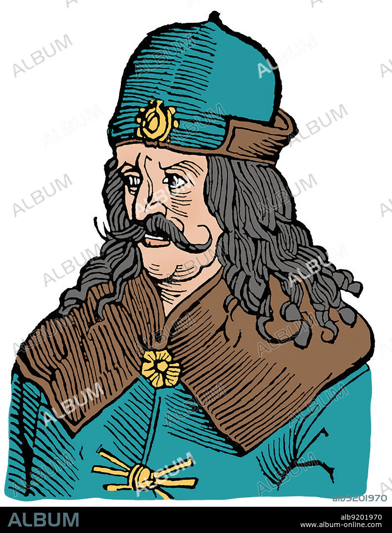 Vlad III, commonly known as Vlad the Impaler or Vlad Dracula (1428/31 ,Ai 1476/77), was Voivode of Wallachia three times. He is often considered one of the most important rulers in Wallachian history and a national hero of Romania. Notorious for his cruelty, his patronymic inspired the name of Bram Stoker's literary vampire, Count Dracula. Illustration after a 16th-century engraving. Colorized.