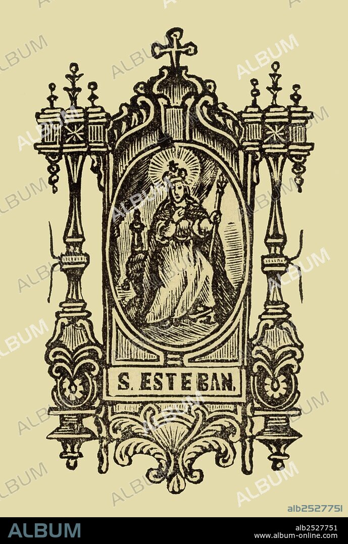 Esteban I el Santo (967-1038), primer rey de Hungría. Estampita popular de 1877.