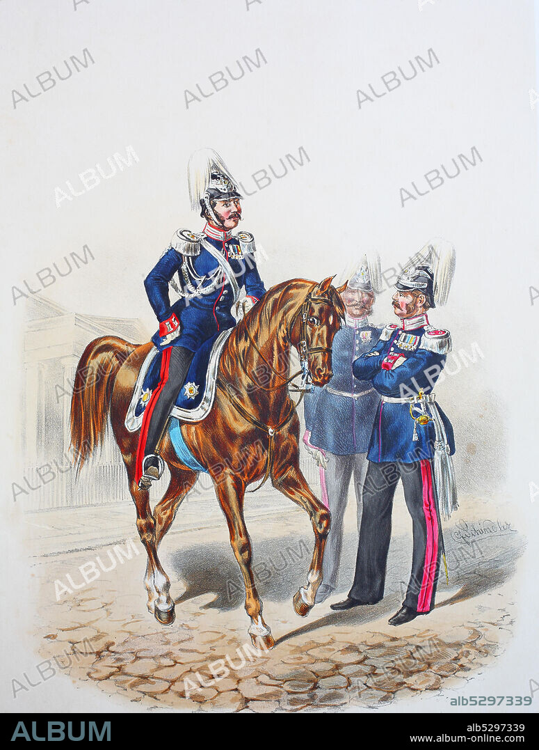 Royal Prussian Army, Guards Corps, Preußens Heer, preussische Garde, Flügel-Adjutant und Generalstabs-Offizier, Digital improved reproduction of an illustration from the 19th century.