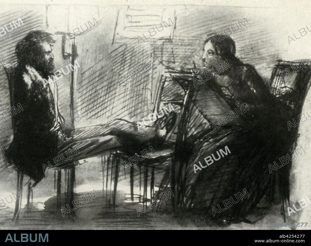 Elizabeth Siddal drawing Rossetti, 1853, (1947). Elizabeth Siddal sketches her husband Dante Gabriel Rossetti, with her drawing board resting on a chair. Elizabeth Siddal was an artist and poet in her own right, as well being the model and muse of Pre-Raphaelite painter Rossetti. After a pen and ink sketch by Rossetti in the Birmingham Museum & Art Gallery. From "The Saturday Book", Seventh Year, edited by Leonard Russell. [Hutchinson, St. Albans, 1947].