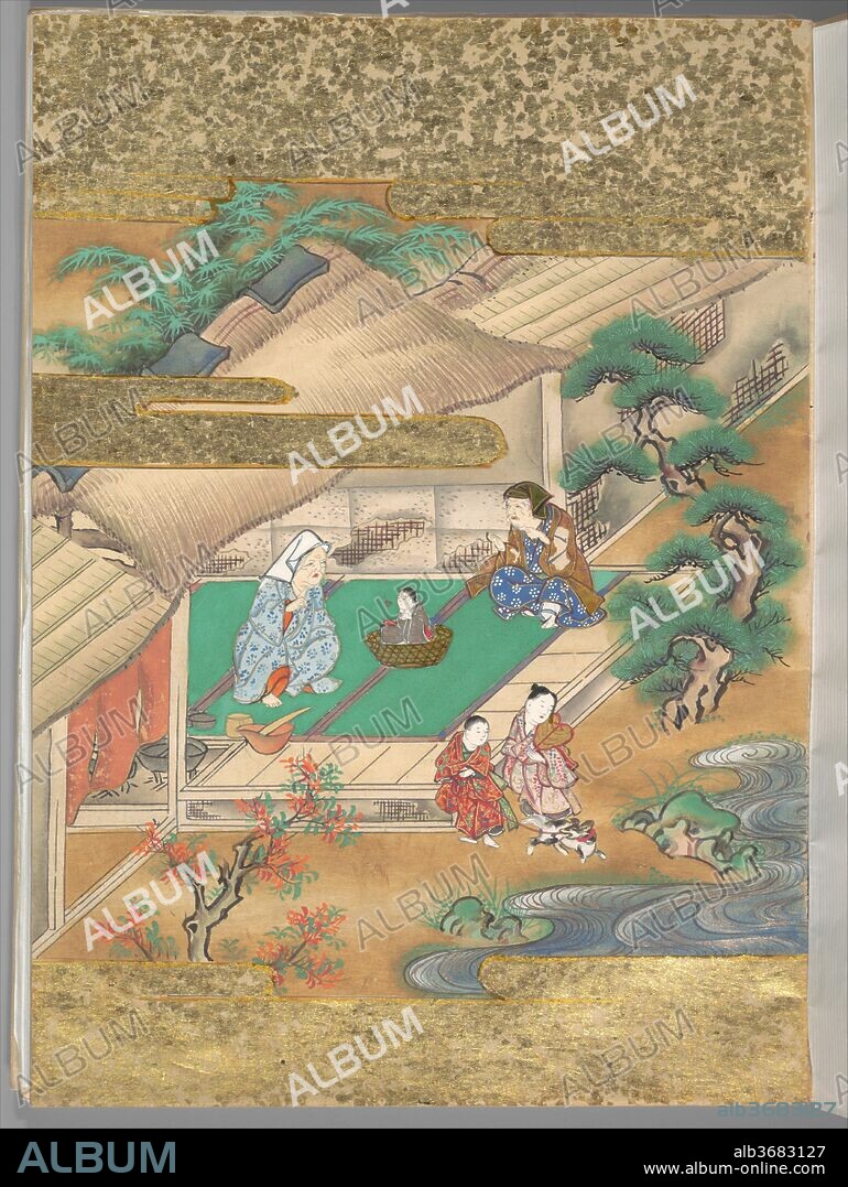 The Tale of the Bamboo Cutter. Culture: Japan. Dimensions: 9 1/8 x 6 9/16 in. (23.2 x 16.7 cm). Date: late 17th century.
In the classical narrative depicted here, a baby found in a glowing bamboo stalk by an old bamboo cutter grows to be a woman of unearthly beauty. Unwilling to marry, Kaguya-hime (The Shining Princess) sets her suitors tasks they are unable to fulfill. The emperor desires her, but she reveals that she is from the moon and will soon return there. Although the emperor sends soldiers to guard her, a retinue from the moon arrives and ascends to the moon with her.
The lacquer storage box for these three volumes is decorated with a maki-e ("sprinkled picture") design of a bamboo grove, two birds, and the crest of the Tokugawa family.