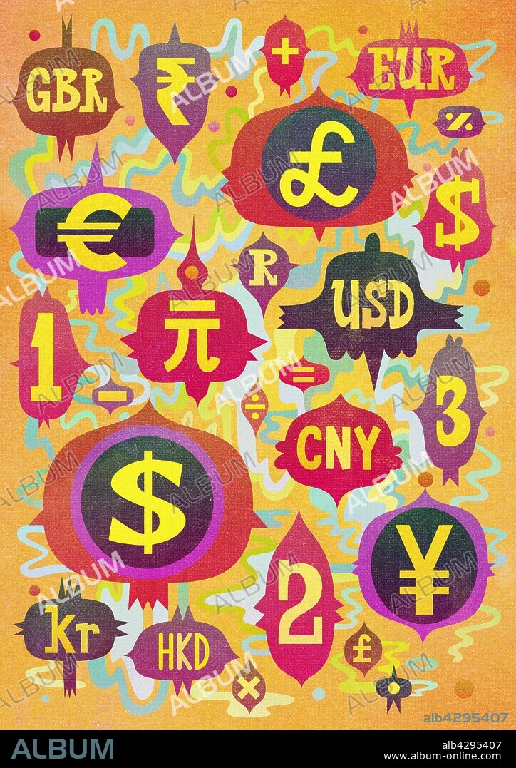 Abstract pattern of global currency symbols and abbreviations.