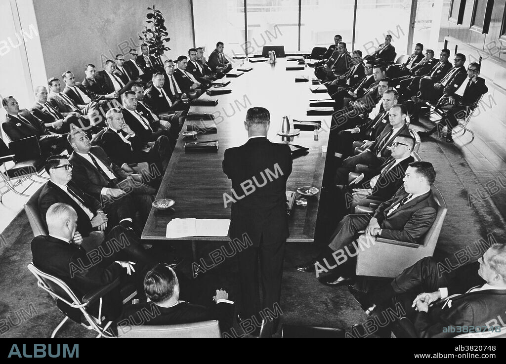 Editorial use only . Boardroom meeting, circa 1960s. Here, the executive workforce is entirely white and male.