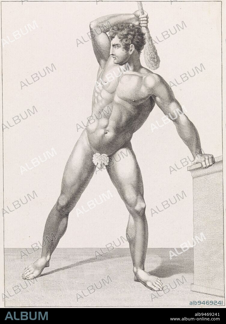 Study of a nude man with raised club, Nude study of man with club Study of life , print maker: Abraham Lion Zeelander, (mentioned on object), intermediary draughtsman: Abraham Lion Zeelander, (mentioned on object), Amsterdam, 1799 - 1856, paper, engraving, h 356 mm × w 270 mm.