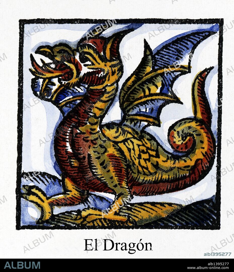 Catalunya. Bestiario popular tradicional. El Dragón, figura de cartón pintado de grandes proporciones y aspecto monstruoso que lanza fuego por la boca; aparece en algunas procesiones religiosas desde el siglo XIV como símbolo del mal.