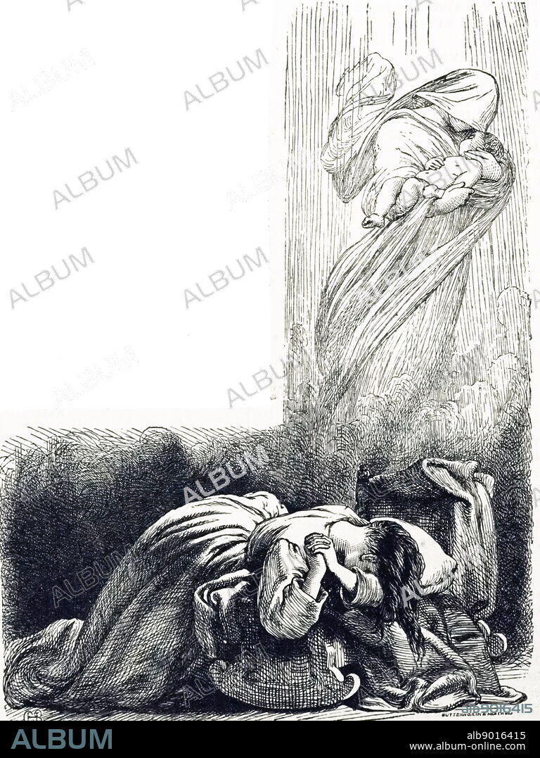 19th century English illustration of a weeping mother as she mourns the death of her baby. An angel of death carries the child away. 1886.