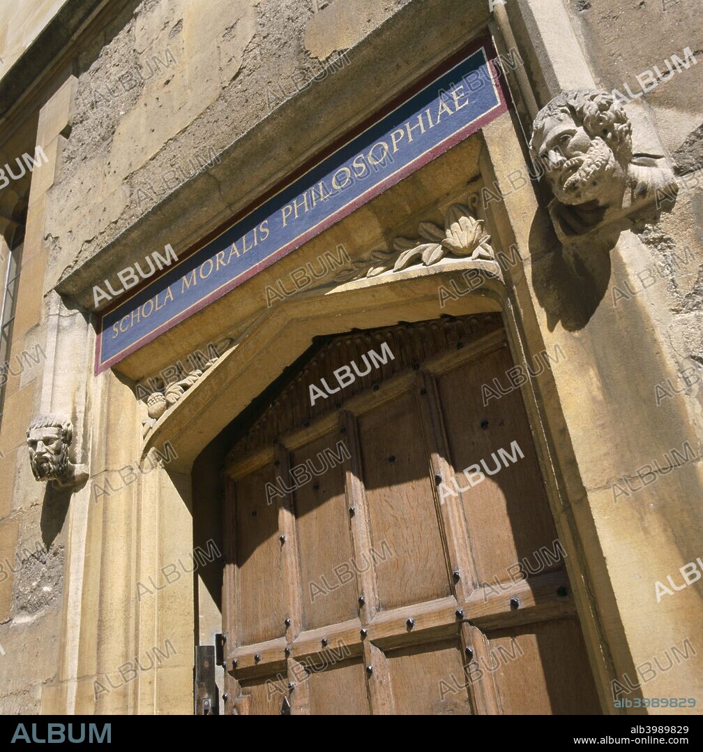 Doorway of the Bodleian Library, Oxford, Oxfordshire, c2000s(?). View of the doorway of the library with the inscription Schola Moralis Philosophiae (School of Moral Philosophy). Established in 1602, the Bodleian Library is the main research library of Oxford University.