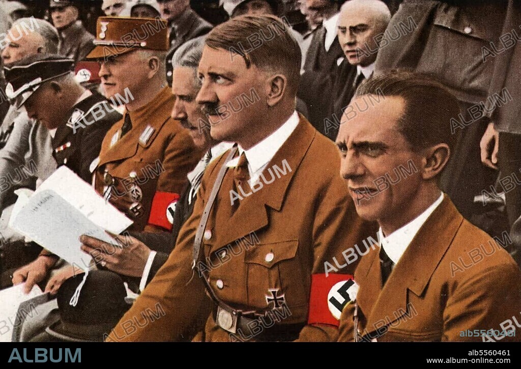 Adolf Hitler (* 20 April 1889 in Braunau am Inn) († 30 April 1945 Berlin), Leader of the Nazi Party, Reich Chancellor from 1933, also self-appointed "Fuehrer" and head of state of Germany.