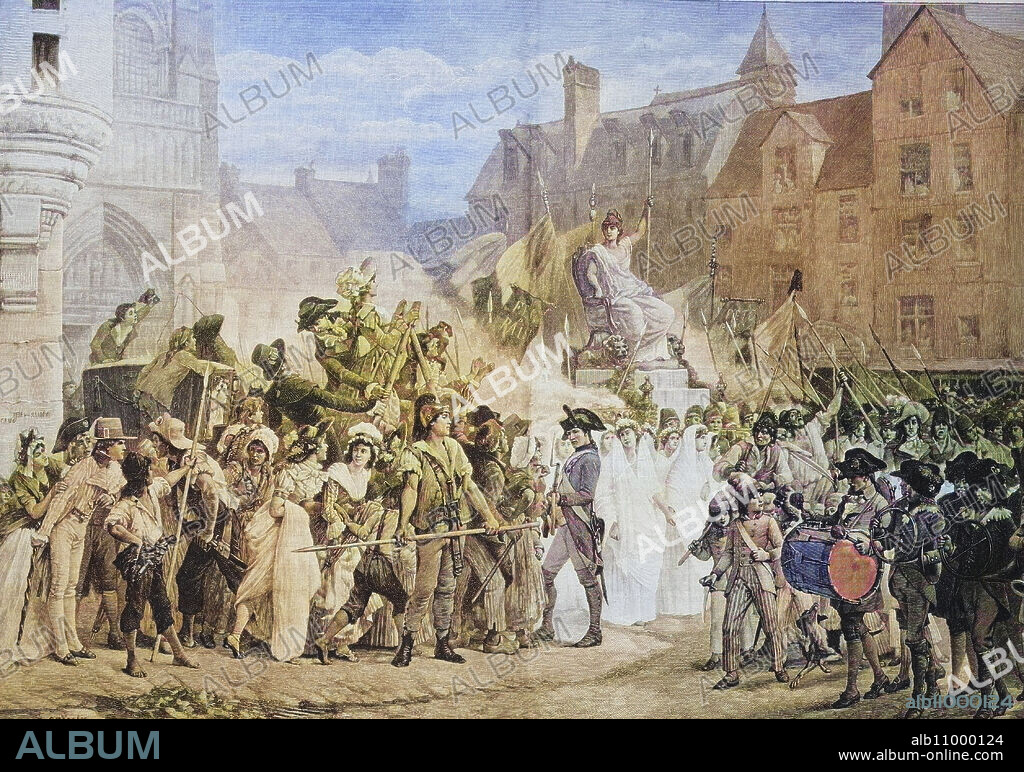 The festival of the goddess of reason in Paris in 1793; the cult of reason, French Culte de la Raison, belonged, like other revolutionary cults, to an ensemble of civil religious festivals and beliefs during the French Revolution, ca. 1885, historical, digitally restored reproduction of a 19th century original.