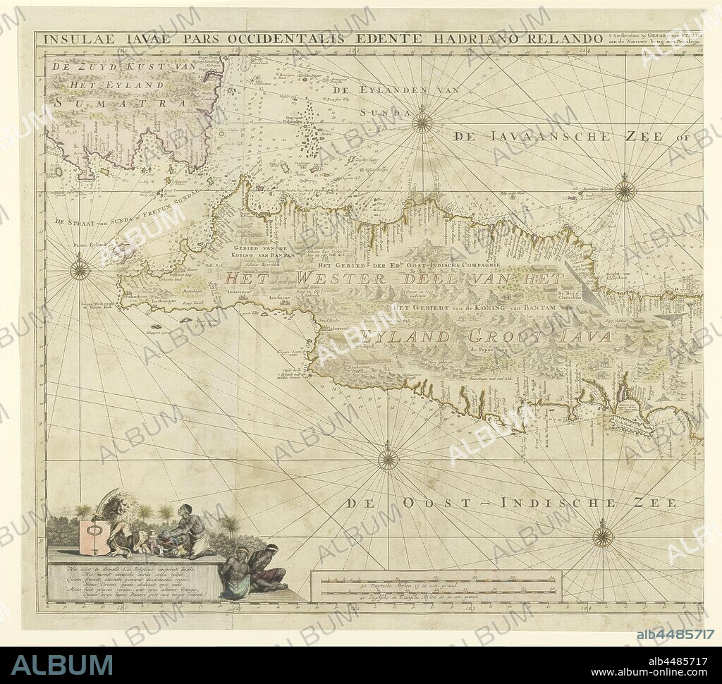 Map of the western part of Java, Insulae Iavae Pars Occidentalis Edente Hadriano Relando (title on object), Map of West Java and a tip of Sumatra (inks above). There are five compass roses. There are topographical details on the map: rice fields, mountains, lighthouses, elephants, etc. On the left a hymn on the Netherlands as a colonizing nation with an allegorical representation of the Dutch lion, to whom a Javanese man offers a gift, two handcuffed Javanese. Below the scale in German, French and English miles (1: 1.1 mill). Left half of a map of the entire island of Java, maps of separate countries or regions, Java, Gerard van Keulen, Amsterdam, 1728, paper, engraving, h 543 mm × w 595 mm.
