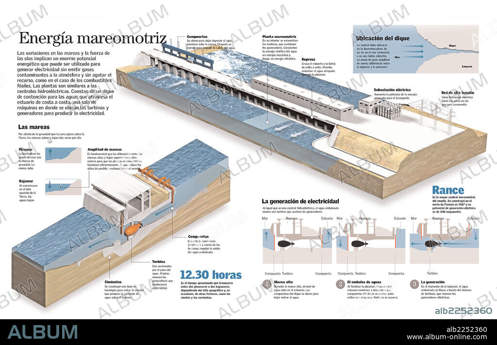 tidal energy. Infographic of the structure and functioning of a tidal power plant.
