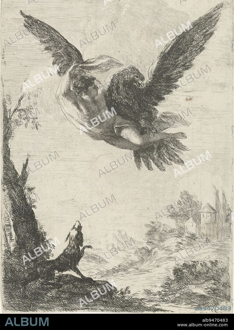 Ganymede is carried off to Olympus by Jupiter, who has taken the form of an eagle. Ganymede's dog looks up, Jupiter abducts Ganymede, print maker: Jan Miel, (mentioned on object), Rome, 1633 - 1658, paper, etching, h 192 mm × w 138 mm.