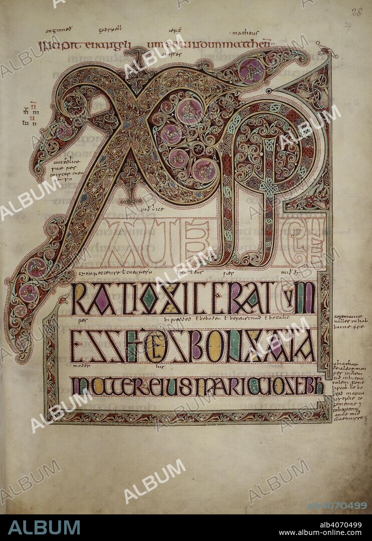 BISHOP OF LINDISFARNE EADFRITH and ALDRED THE GLOSSATOR. [Whole folio] Second incipit page to St. Matthew's Gospel; Matthew 1, 18; beginning of the Christmas story. Text with decorated chi-rho [XPI] monogram. Lindisfarne Gospels. N.E. England [Lindisfarne]; 710-721. Source: Cotton Nero D. IV, f.29. Language: Latin, with Anglo-Saxon glosses.