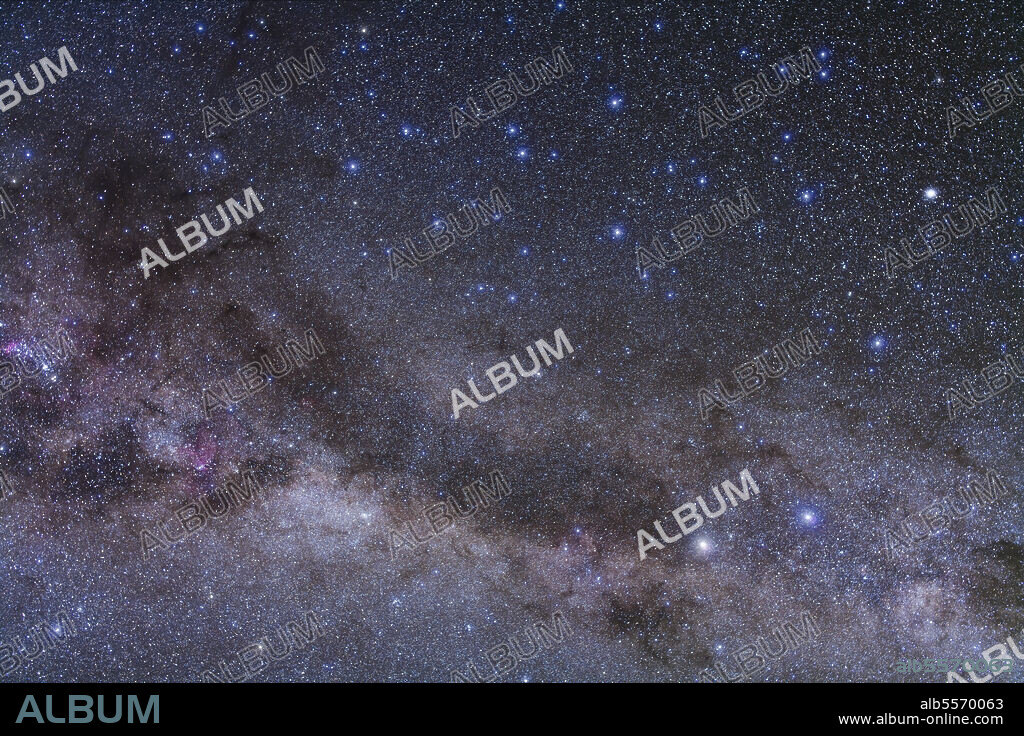 The constellation of Centaurus and its dark lanes of nebulosity in the southern Milky Way. Alpha and Beta Centauri is visible at right, and Omega Centauri at upper right. The Norma star cloud, and nebulosity on Ara are at left, plus tail of Scorpius at extreme left.