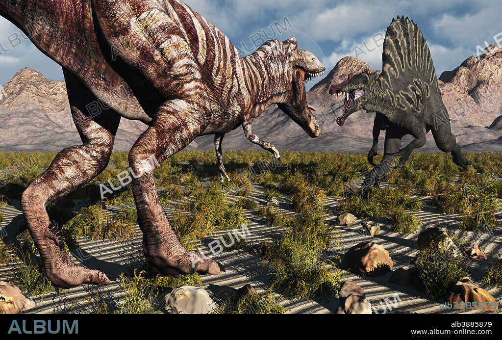 A confrontation between a T. Rex and a Spinosaurus dinosaur, both carnivores of their time.