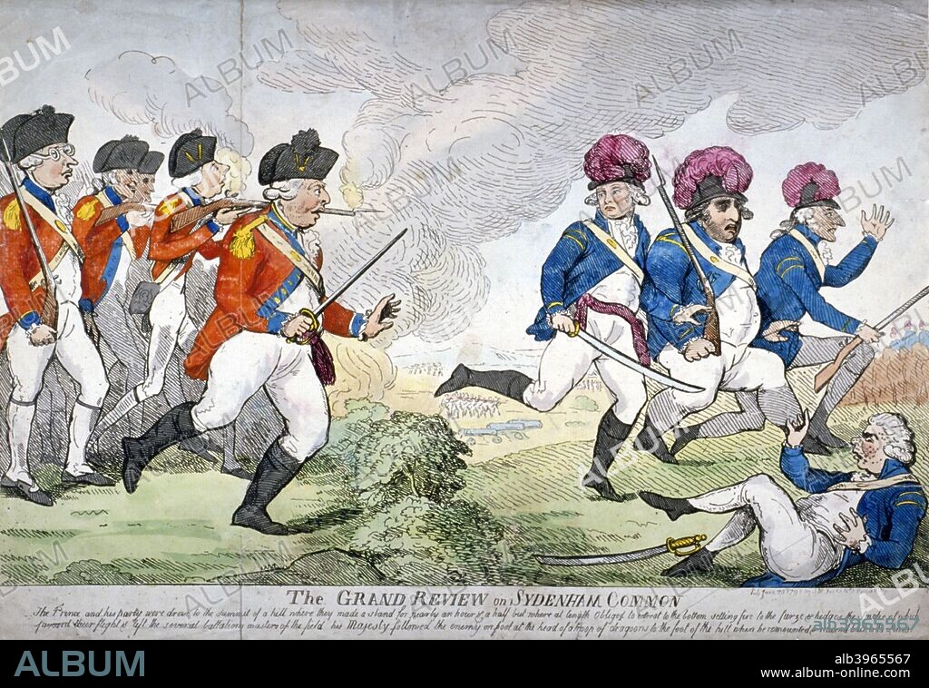 'The grand review on Sydenham Common ...', 1792. Dressed in military uniform, King George III, followed by William Pitt the Younger, Edmund Burke and others, is chasing the Prince of Wales, Charles James Fox and Lord Stanhope. Richard Brinsley Sheridan, also in retreat, has fallen and is lying on his back.