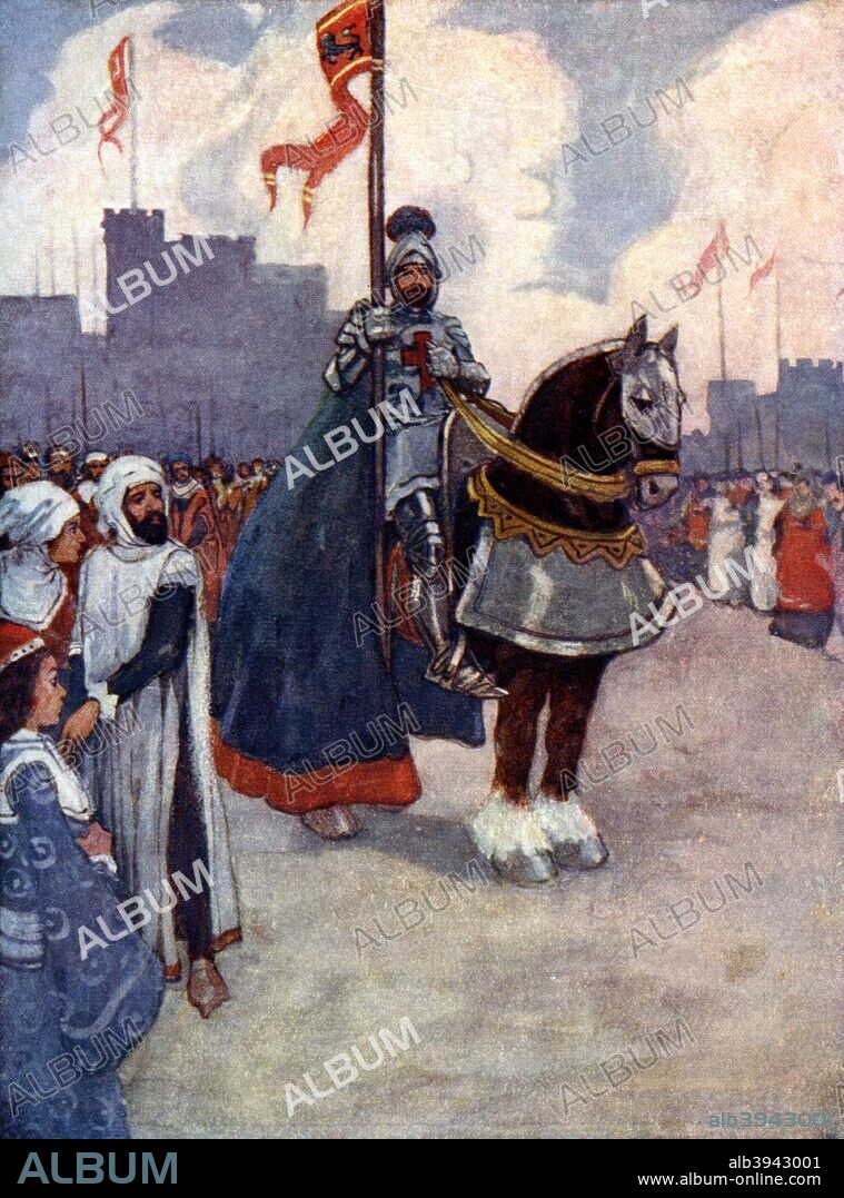 'Richard went away to Palestine', 1190, (1905). King Richard I, (Richard the Lionheart), fought in the crusades. Illustration from Our Island Story by H E Marshall, published by T C & E C Jack Ltd, (London and Edinburgh, 1905). The book gave a very biased and pro-British view of history.