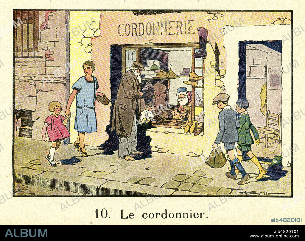 'Le cordonnier'. Illustration vers 1920 par Ferdinand RAFFIN (19-20 s.) pour l'Imagier de l'Enfance, le vocabulaire et la redaction par l'image individuelle par Melle GEORGIN et M. LACABE-PLASTEIG. Credit : IM/KHARBINE-TAPABOR.