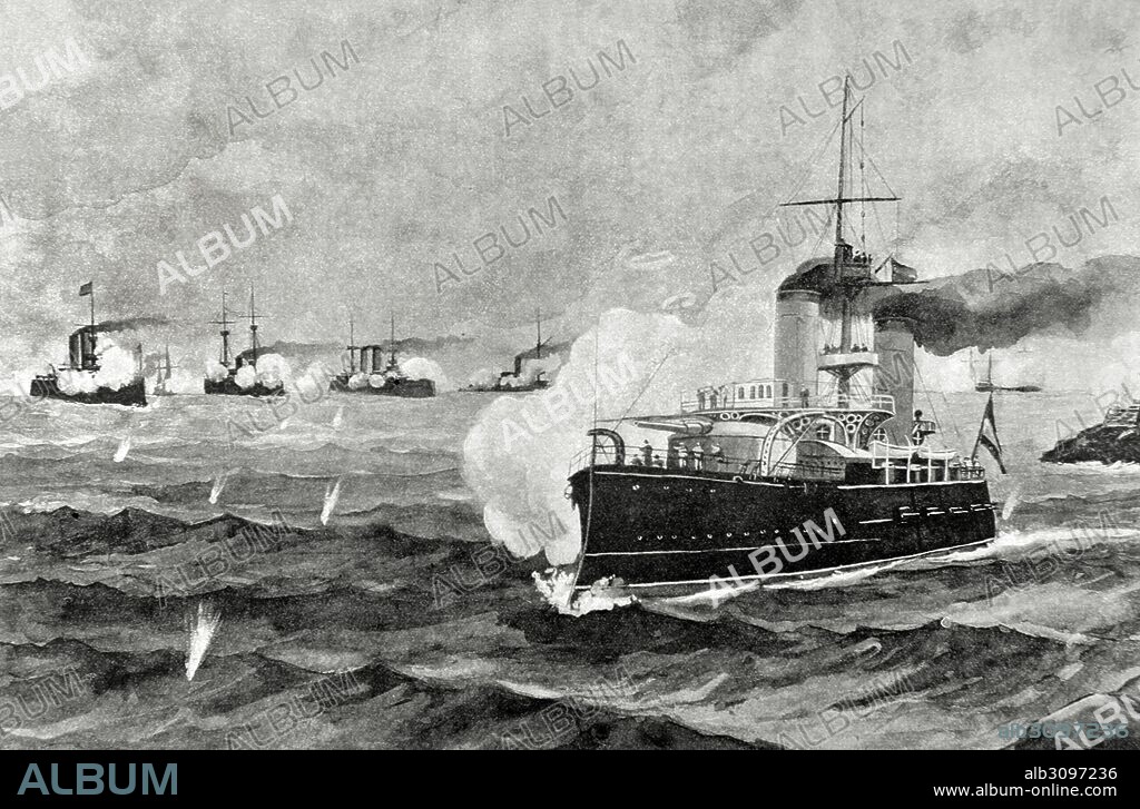 GUERRA HISPANO-ESTADOUNIDENSE o Guerra de Cuba o Guerra Hispano-Cubano-Norteamericna. Conflicto bélico entre España y EEUU en 1898, resultado de la intervención de USA en la guerra de Independencia Cubana. " El crucero Colon, saliendo de la Bahía de Santiago, dispersa a los buques yankees que bombardeaban la plaza. 31 de mayo". Grabado de La Ilustración Ibérica, 1898.