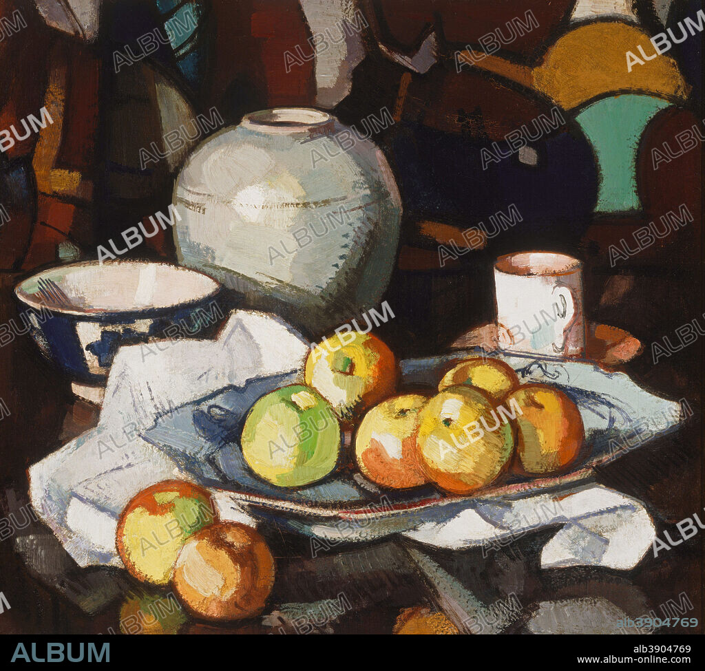 SAMUEL PEPLOE. Still life: apples and jar. Date/Period: Between ca. 1912 and ca. 1916. Painting. Oil on canvas. Height: 690 mm (27.16 in); Width: 745 mm (29.33 in).