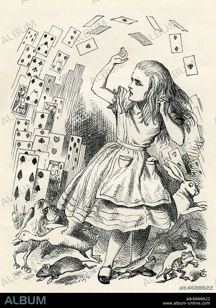 Alice et les cartes. Illustration de 1866 par John TENNIEL (1820-1914) pour Alice au Pays des Merveilles de Lewis CARROLL (1832-1898), fin du roman. Credit Collection Kharbine Tapabor.