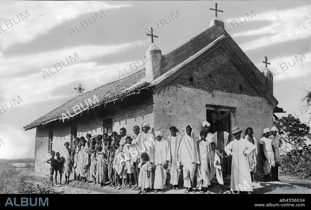 Asia, india, group of boys with missionary at the chapel bonnapadu, 1930-40.