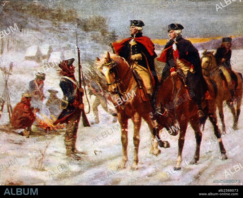 Washington and Lafayette at Valley Forge. Painting by John Ward Dunsmore. George Washington and Marquis de Lafayette on horseback at winter quarters in Valley Forge, Pa.; soldiers huddled around campfire in background.