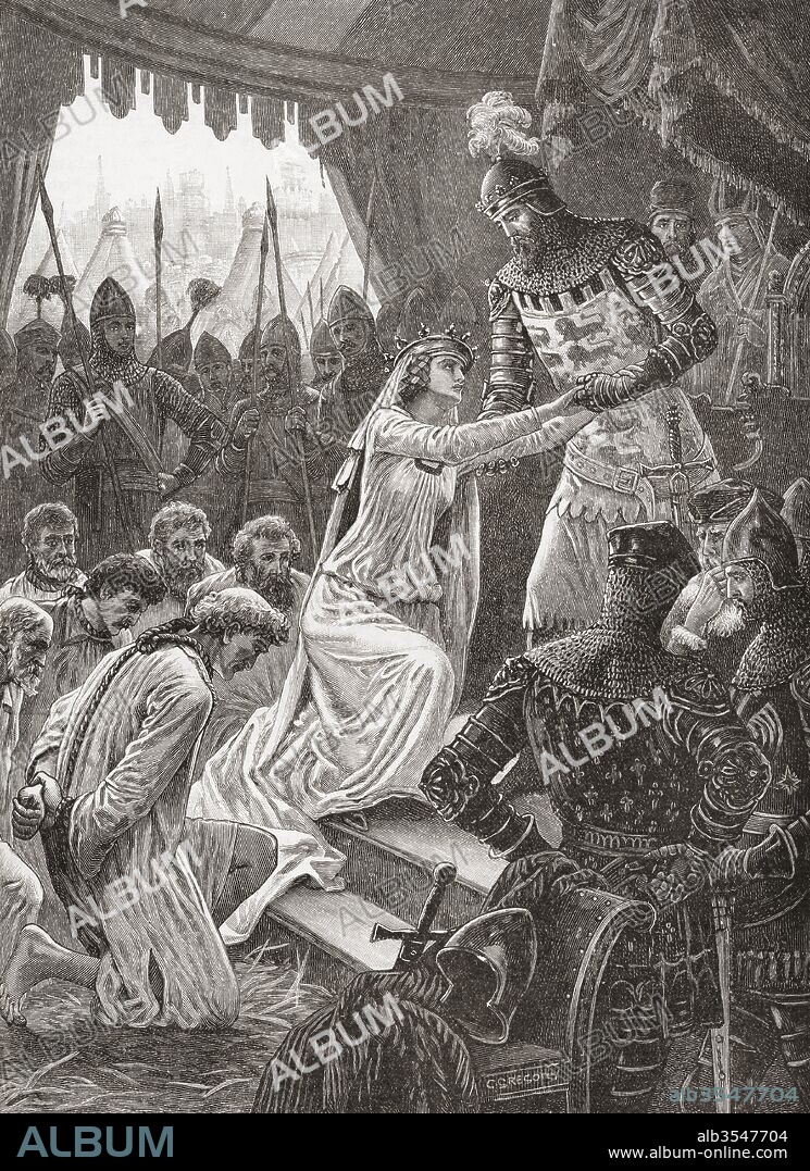 Philippa of Hainaut persuading her husband king Edward III, to spare the lives of the Burghers of Calais in 1347. Philippa of Hainaut, 1314 –1369. Queen of England as the wife of King Edward III. From Cassell's History of England, published c.1901.