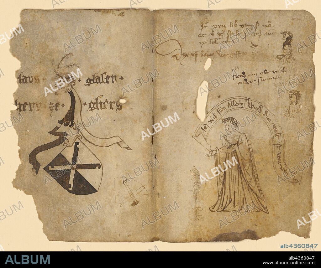 Double sheet with sketches: on the left half a coat of arms, on the right half standing woman with banner, two small figure sketches, middle of 15th cent., feather in brown, on parchment, sheet: 16.2 x 20.7 cm, inscribed with coat of arms: claus., glazier., Sir ., ze., Gliers, r., in the banner: I want ston alone, Wend the world is clean, about it: and an old woman at the sunnen [and other billing notes], Anonym, Schweiz, Mitte 15. Jh.
