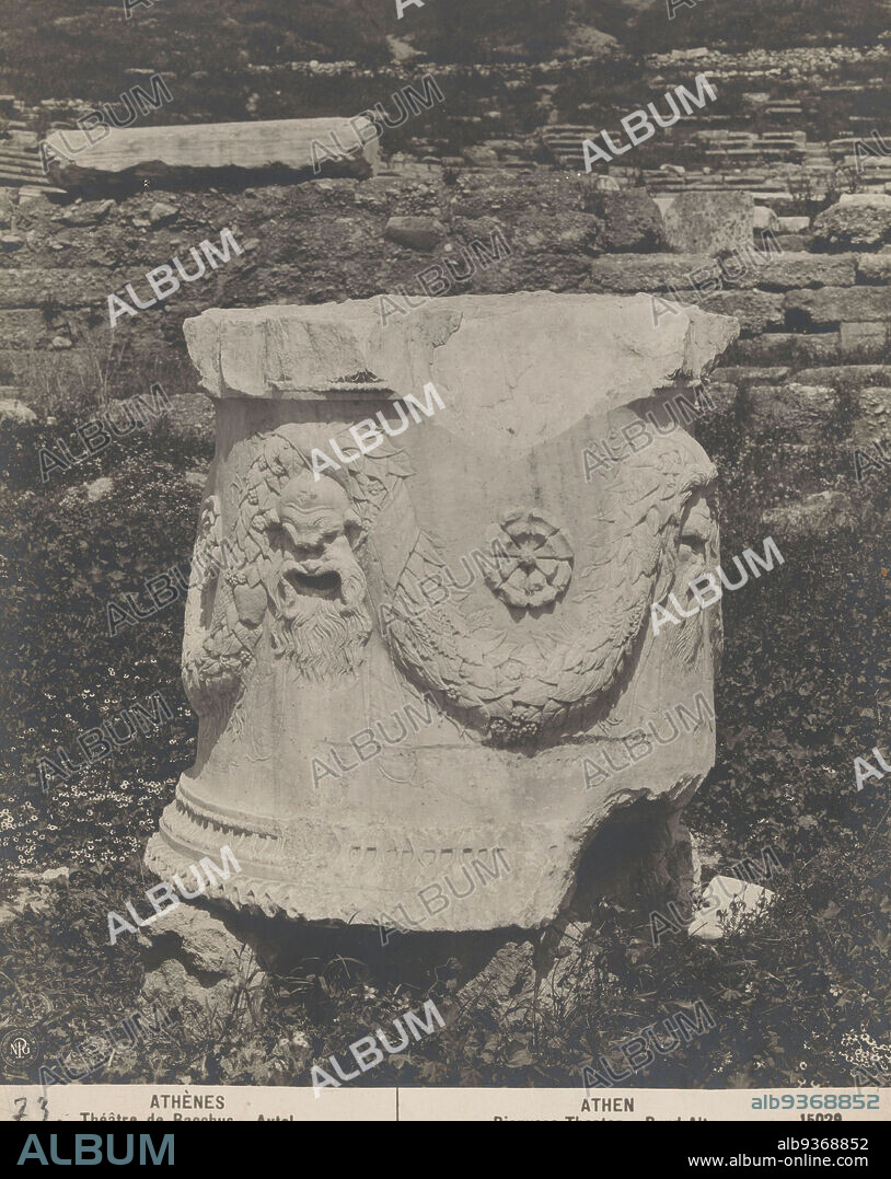 Altar of the Dionysus Theatre at Athens, ATHÈNES Théâtre de Bacchus. Autel (title on object), ATHEN Dionysos Theatre. Rund-Altar (title on object), anonymous, publisher: Neue Photographische Gesellschaft (mentioned on object), Athene, c. 1875 - c. 1900, photographic support, gelatin silver print, height 244 mm × width 190 mm.