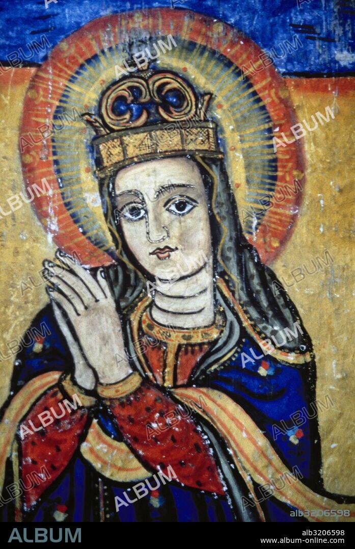 ETIOPIA. IGLESIA DE DAGO ISTAFANOS. Detalle de uno de sus frescos con la representación de la VIRGEN MARIA (siglo XVI). Norte de la península de Zege, en el Lago Tana. Africa.