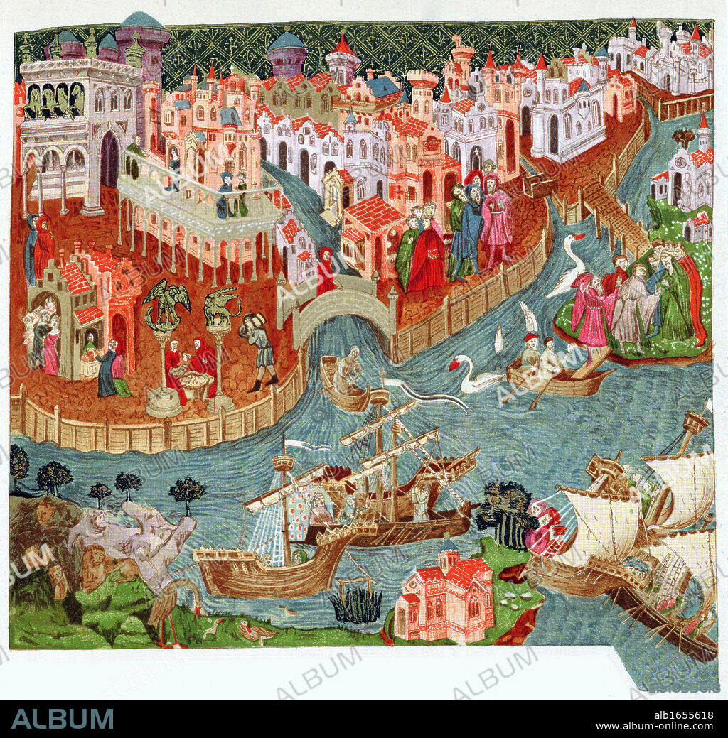 Marco Polo (1254-1324) setting out with his uncles from Venice for Far East. In foreground are lands they will visit and strange things they will see. After late 14th century manuscript.