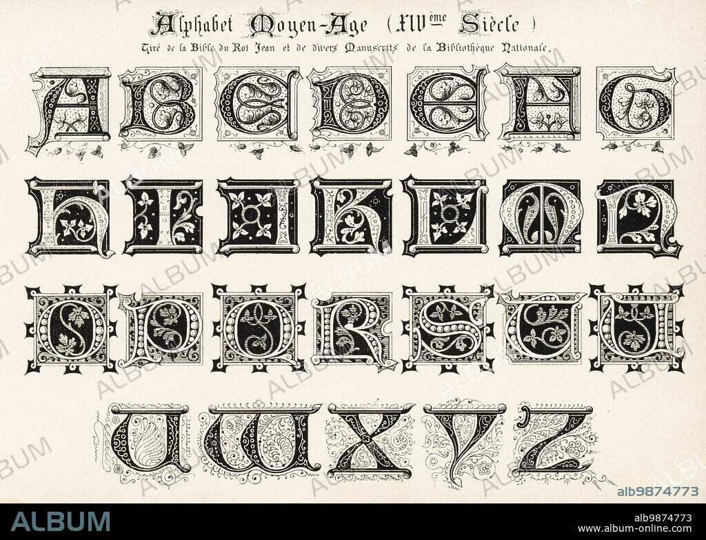 Alphabet of decorative initial letters taken from manuscripts of the 14th century, including Jean de Sys Bible for King Jean II, Jean le Bon, of France. Alphabet Moyen-Age (XIVeme Siecle) tire de la Bible du Roi Jean et de divers Manuscrits de la Bibliotheque Nationale. Chromolithograph designed and lithographed by Ernst Guillot from his Ornementation des Manuscrits au Moyen-Age (Ornamentation from Manuscripts of the Middle Ages), Paris, 1897.