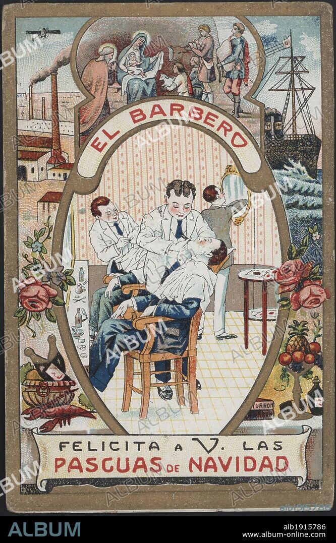 Publicidad. Felicitación navideña de oficios. El Barbero, años 1920.