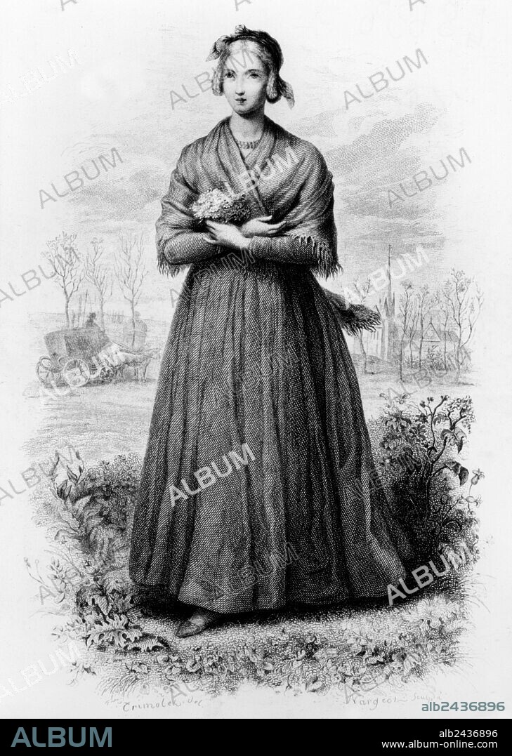 Fleur de Marie, character of book Les mysteres de Paris by Eugene Sue (1842-1843), engraving after a drawing by Crimolet.