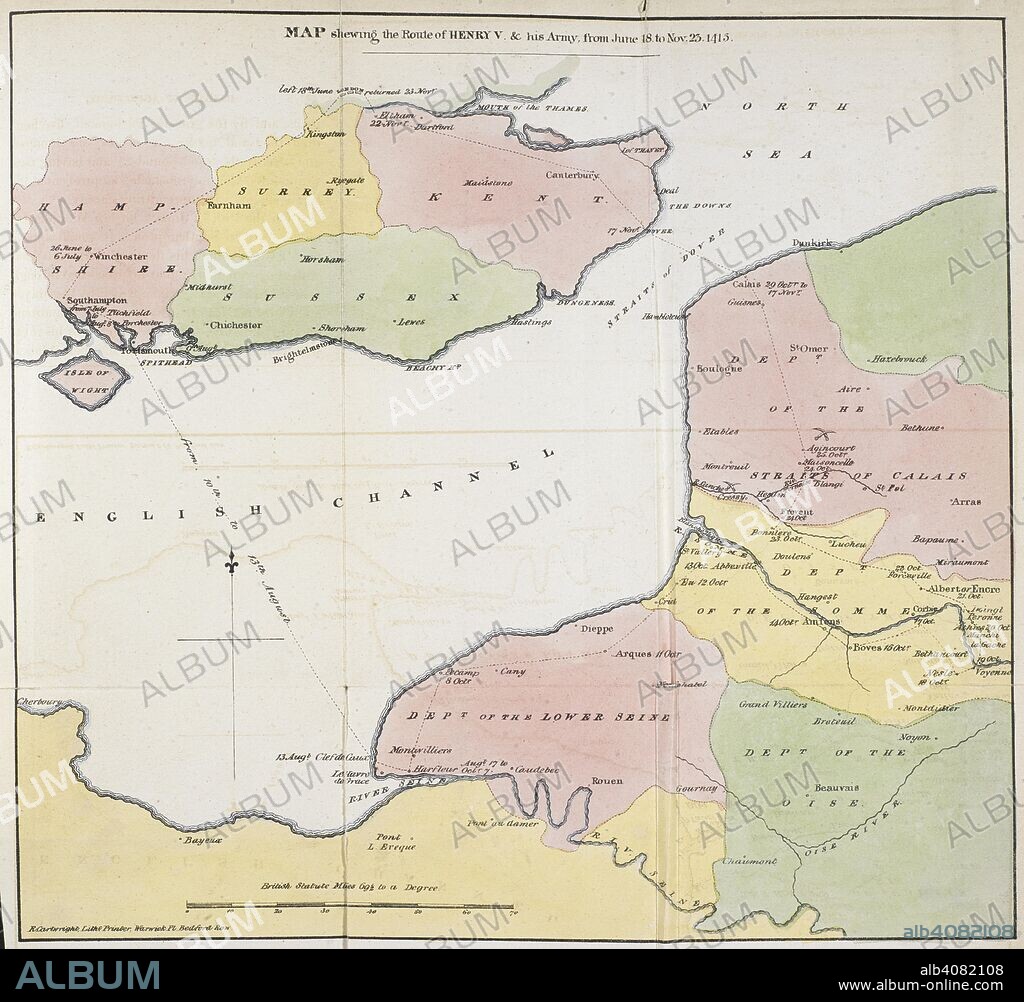 NICHOLAS HARRIS NICOLAS, SIR,. 'Map shewing the route of Henry V & his army, from June 18 to Nov. 23rd. 1415. The History of the Battle of Agincourt; and of the expedition of Henry the Fifth into France: to which is added, the Roll of the Men at Arms in the English Army. London : Johnson & Co, 1832. Source: 598.h.15 plate opposite page 24.